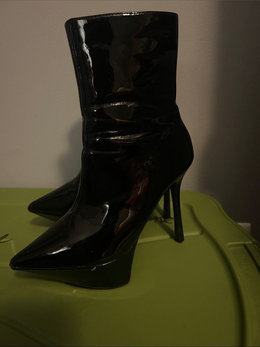 Patent Pointed-Toe Stiletto Ankle Boots in Black